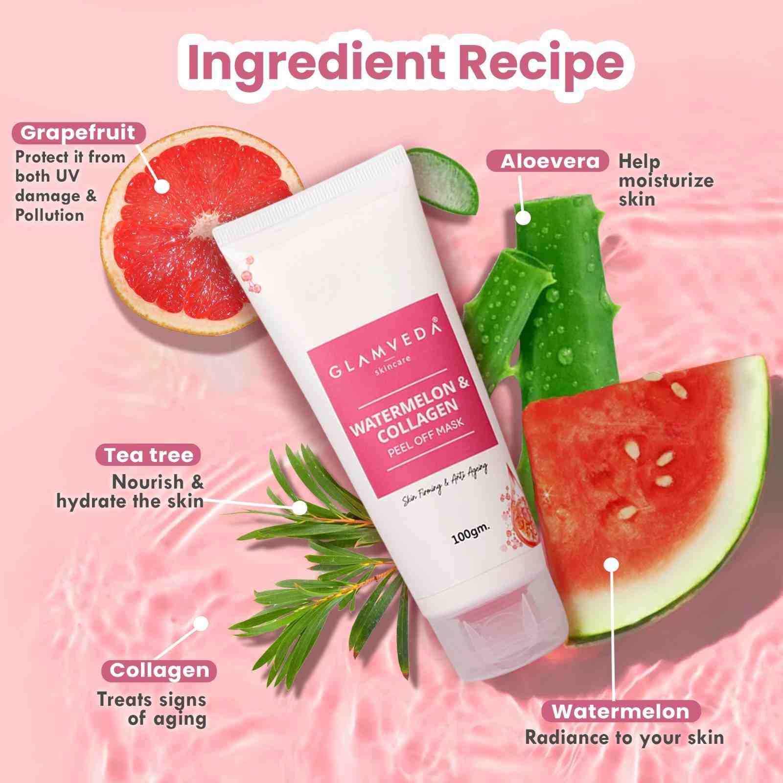 Glamveda Watermelon and Collagen Peel-Off Mask with an ingredient recipe illustration — grapefruit, aloe vera, tea tree and watermelon arranged around the pink tube against a pink water background