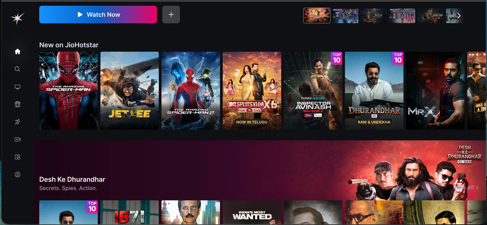 JioHotstar home screen: New on JioHotstar rail with Spider-Man, Splitsvilla X6, Inspector Avinash, Dhurandhar, Mr X, and Desh Ke Dhurandhar