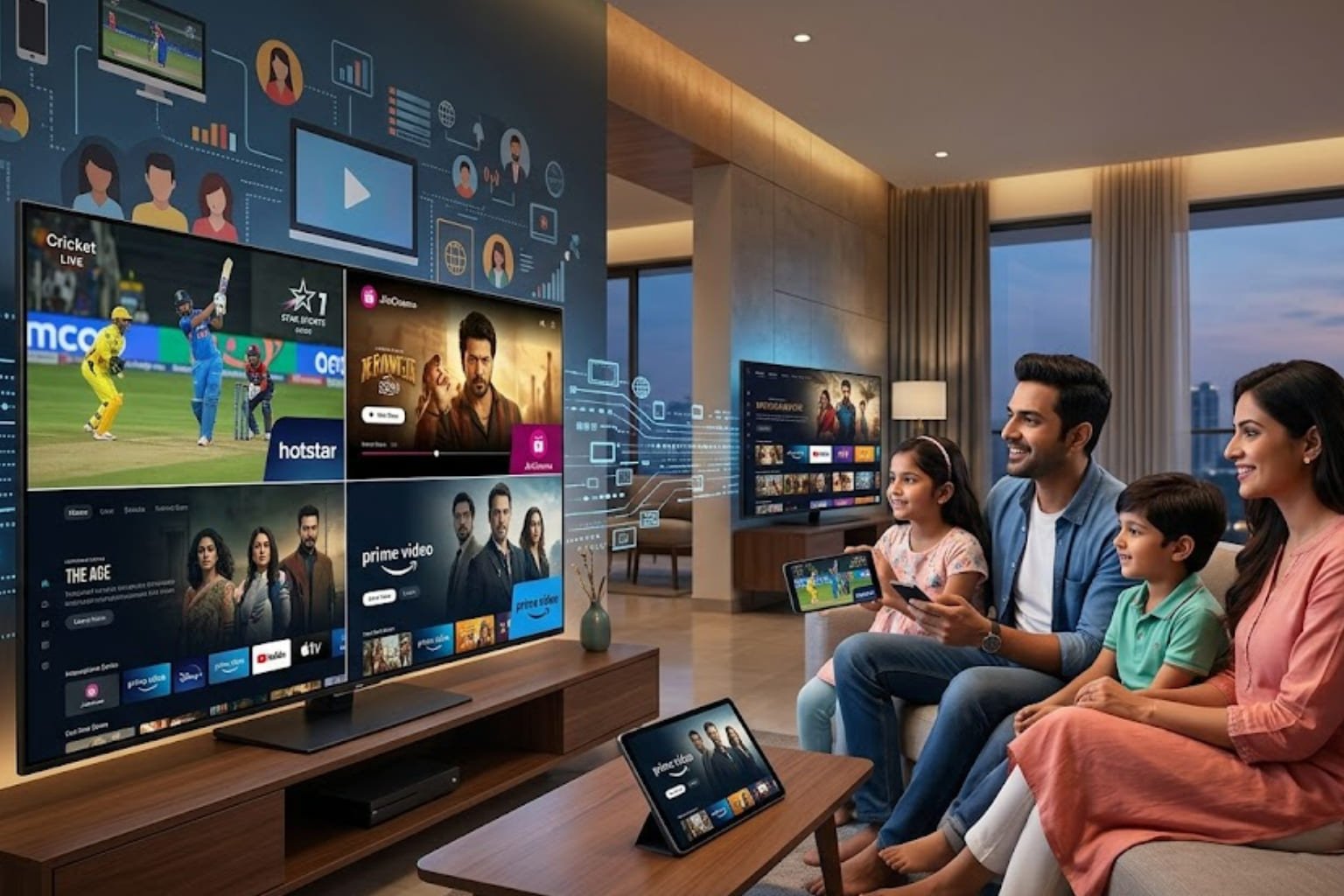 An Indian family in their living room watching JioHotstar cricket on TV while streaming across phone and tablet