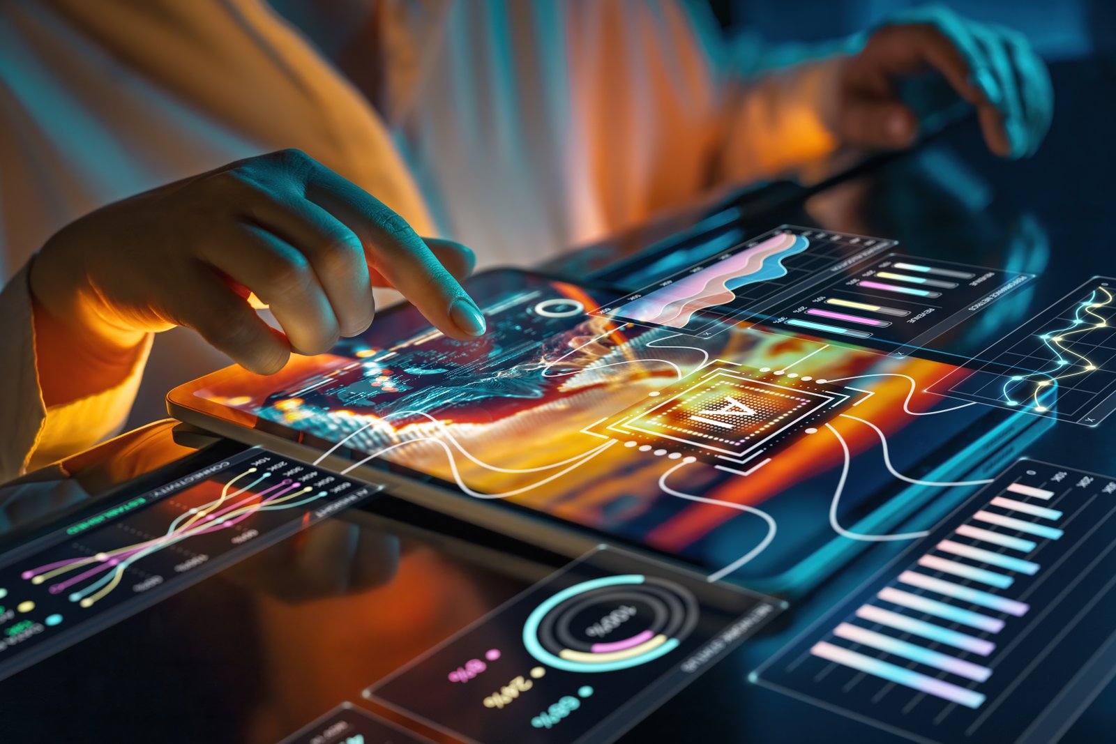 An editor's hand interacting with a futuristic AI-driven post-production interface