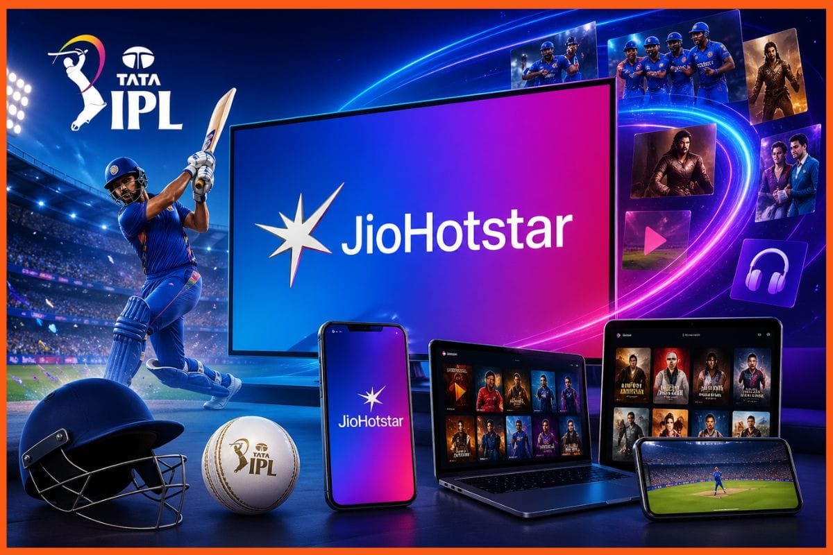Reliance Chairman Mukesh Ambani alongside a headline reading JioHotstar posts ₹581 cr profit and record ₹9,904 cr revenue in Q1